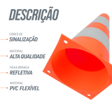 Cone de sinalização de plástico 23cm de altura laranja com faixas brancas refletivas Pista e Campo