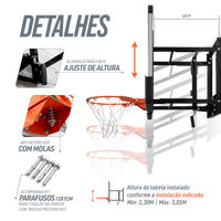 Tabela de basquete adulto de parede modelo Fly ajustável Pista e Campo