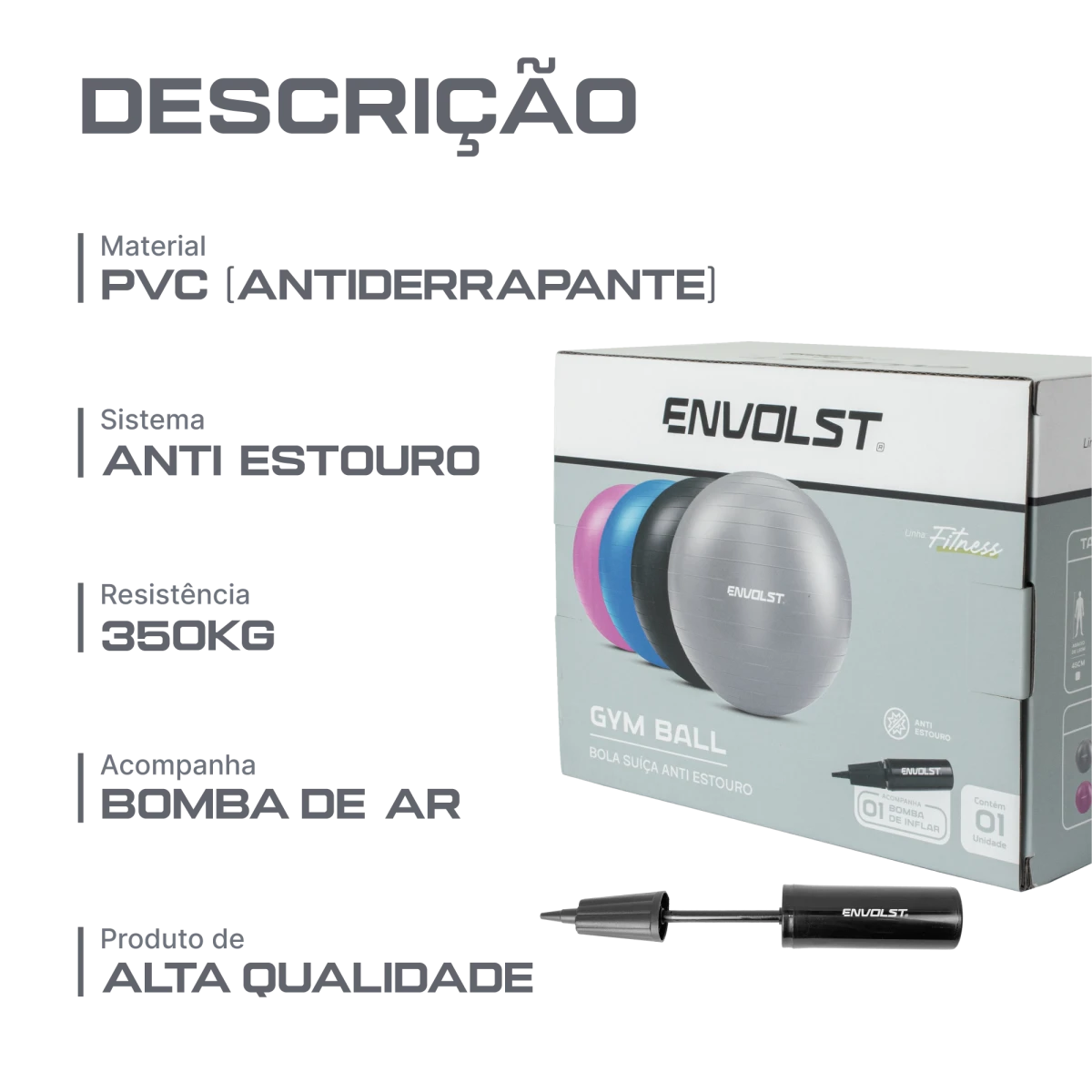 Bola Suíça Gym Ball 55cm Anti Estouro Envolst - Cinza
