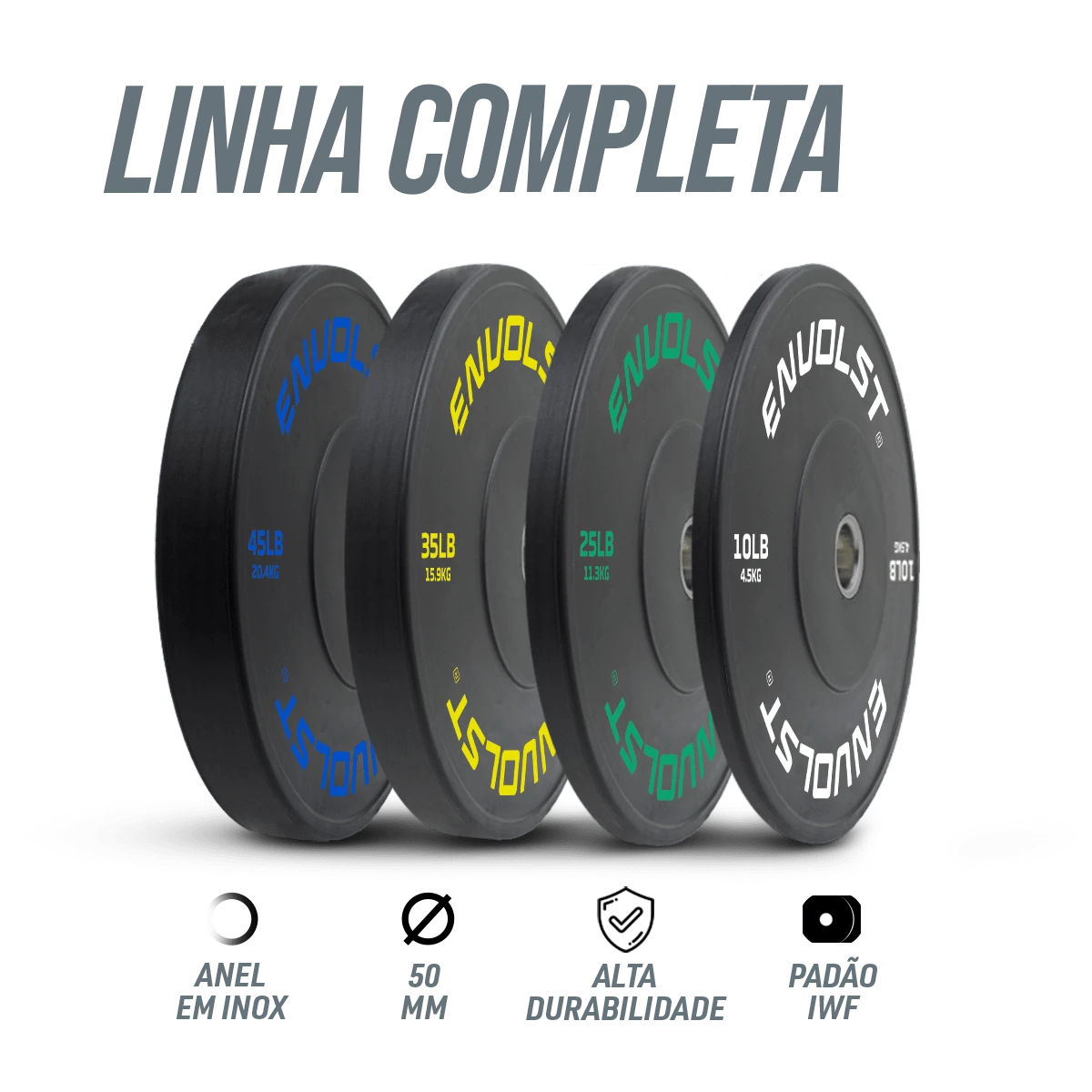 Kit 230Lb Anilhas Olímpicas Bumper Padrão IWF em Libras Envolst