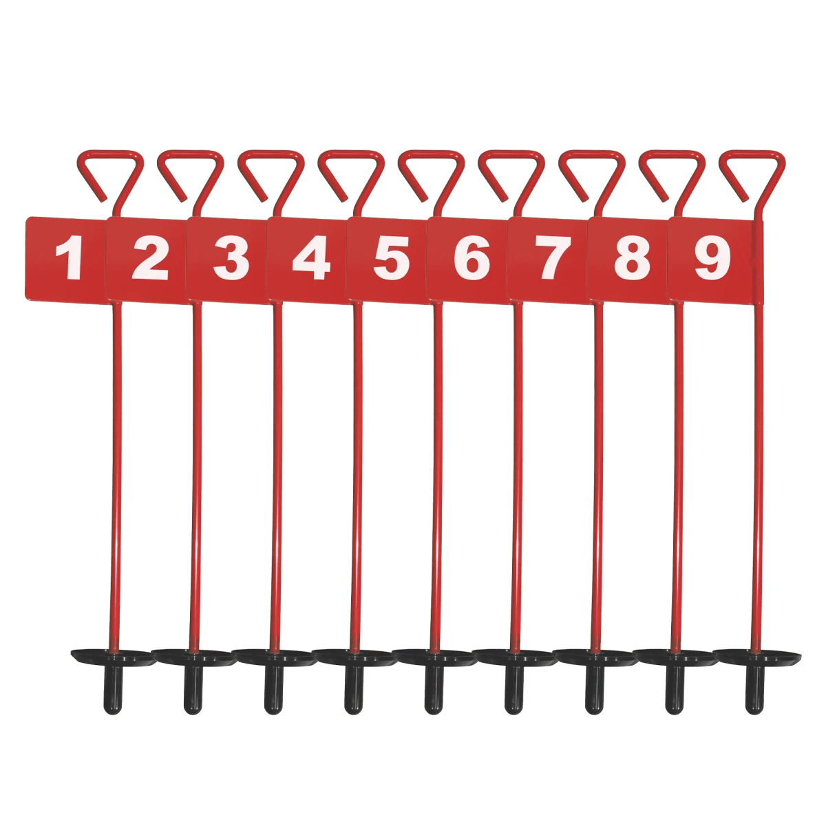 Bandeirolas numeradas de alumínio para minigolfe com prato para a bola (buraco) Pista e Campo - cnj com 9 und (1-9)