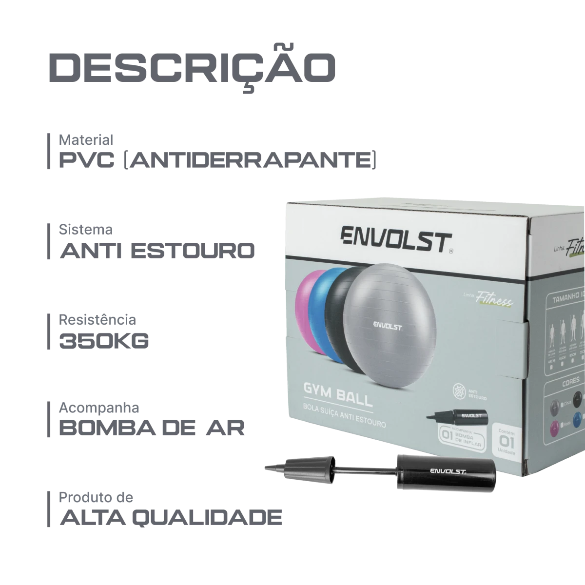 Bola Suíça Gym Ball 65cm Anti Estouro Envolst - Cinza