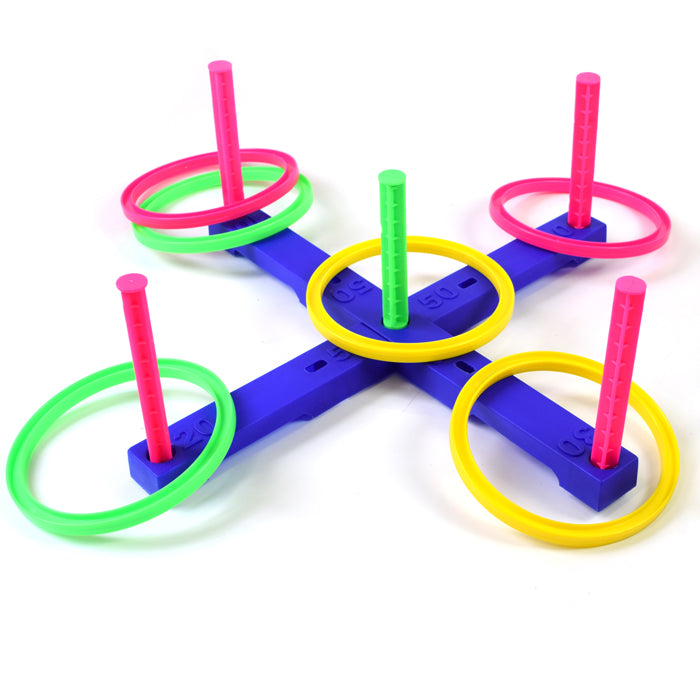 Jogo com seis argolas de plástico e alvo com pontuação