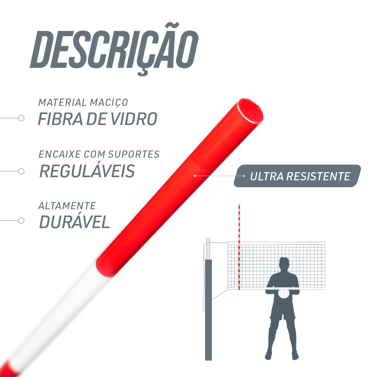 Antena de voleibol de fibra de vidro profissional com suporte regulável para encaixe Pista e Campo - par