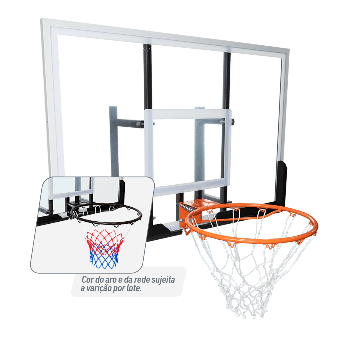 Tabela de basquete de parede quadro transparente de 120x80cm com aro e rede Velden