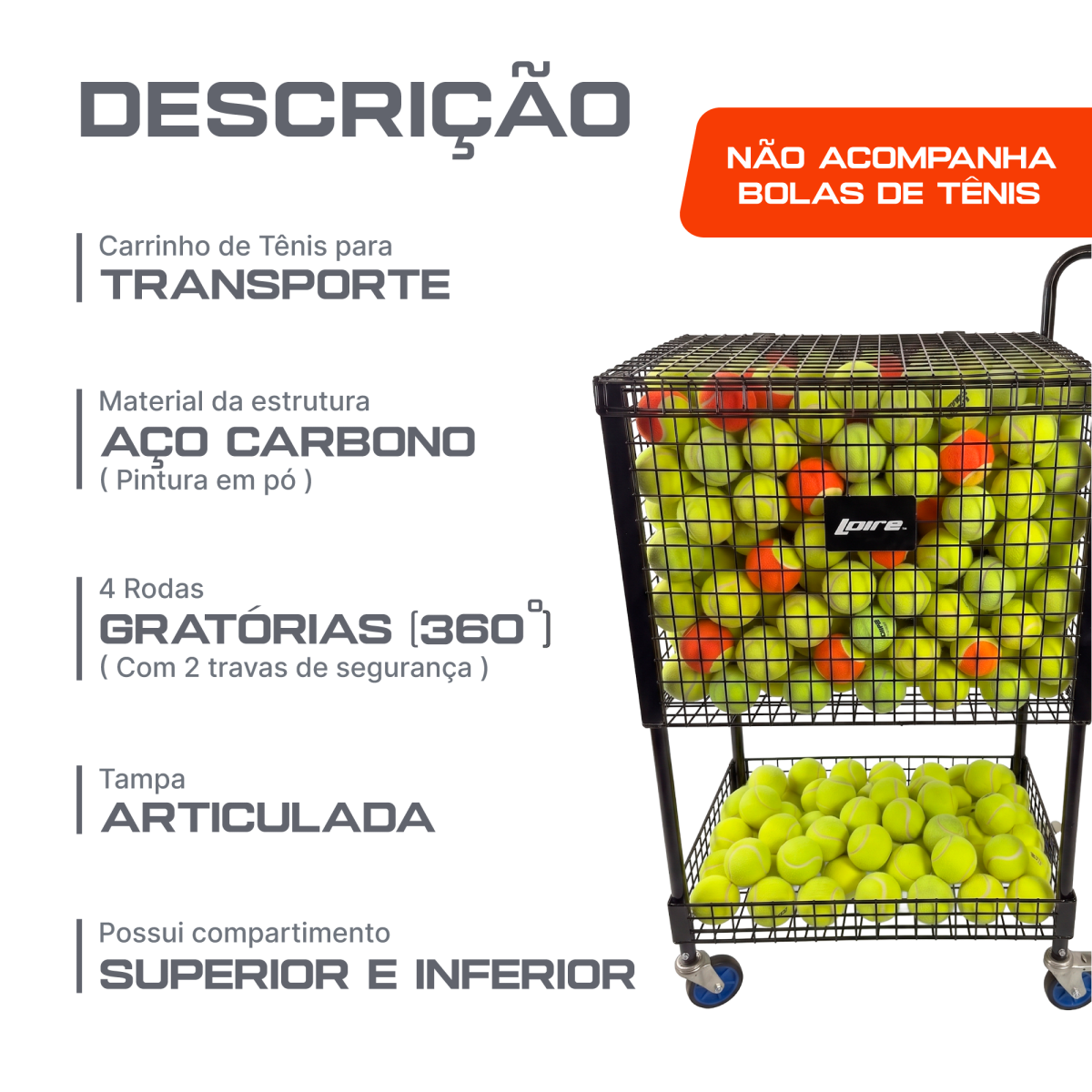 Carrinho Transporte Bolas de Tênis e Beach Tennis em Aço Loire