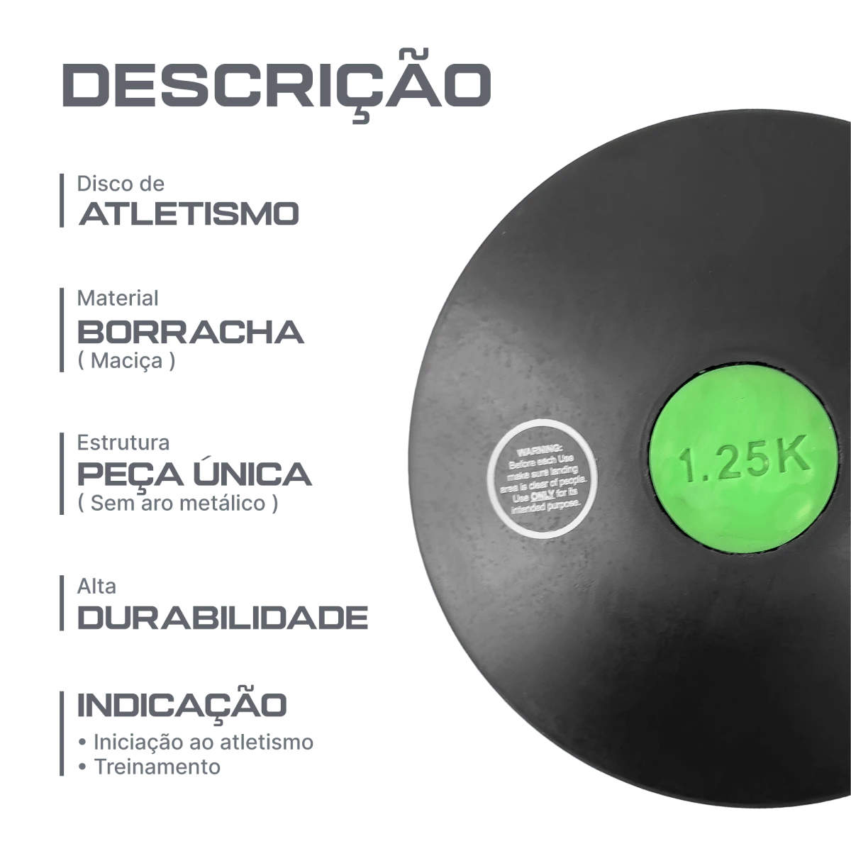 Disco de atletismo de borracha preto com centro colorido 1,25kg Pista e Campo