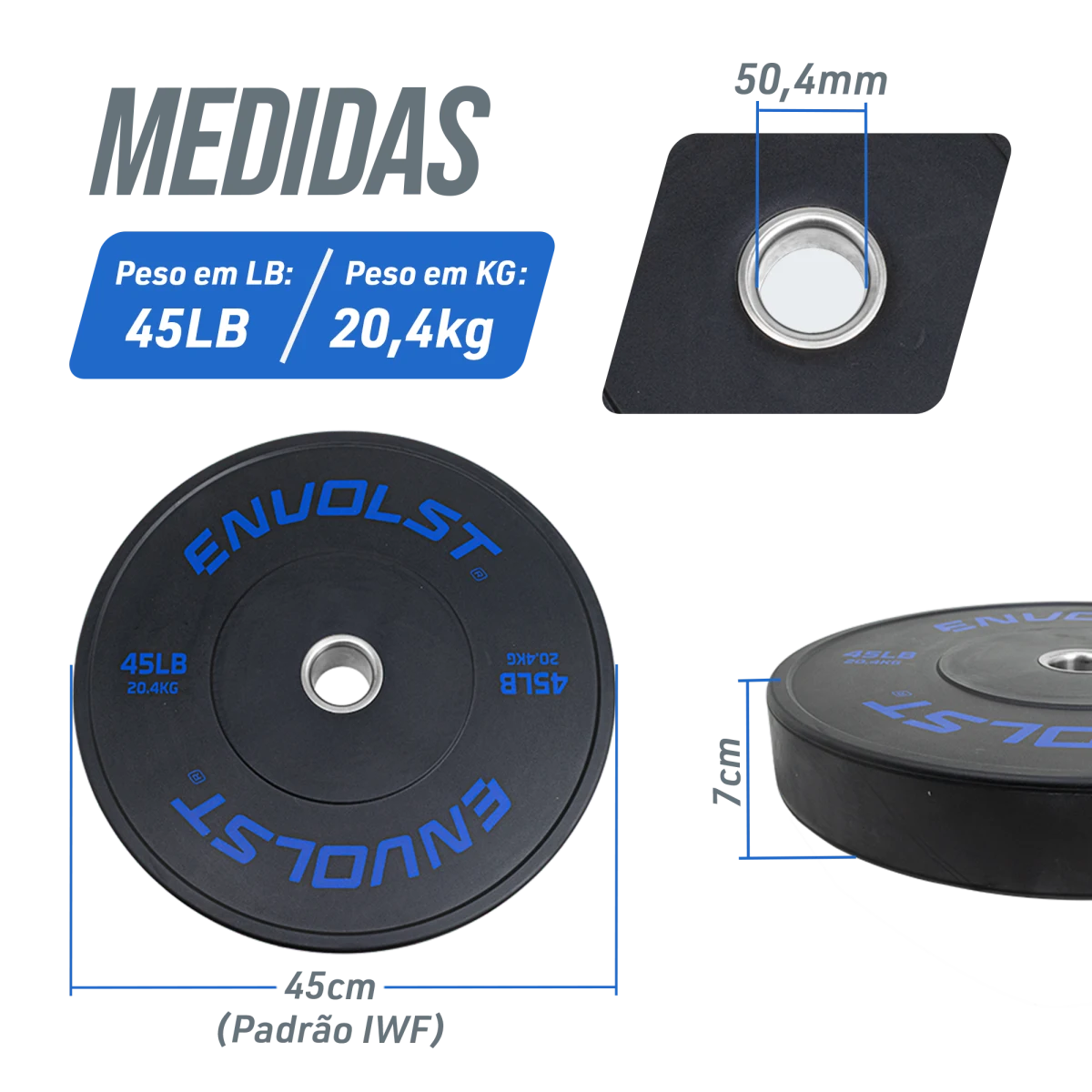 Anilha Olímpica Bumper para Crossfit e LPO 45Lb Envolst