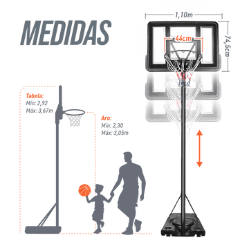 Tabela de Basquete Móvel Ajustável Policarbonato Velden