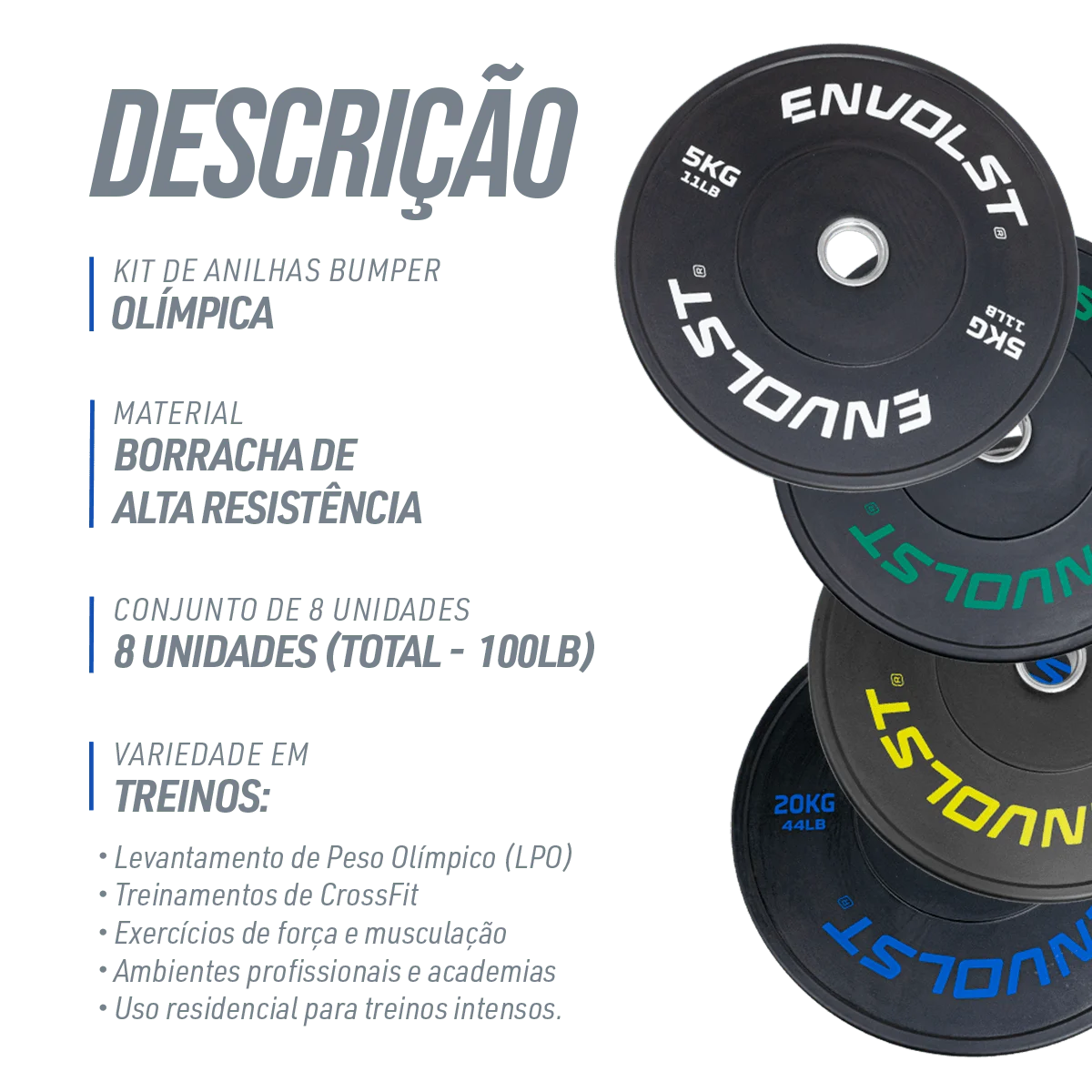 Kit 100kg Anilhas Olímpicas Bumpers Padrão IWF Envolst