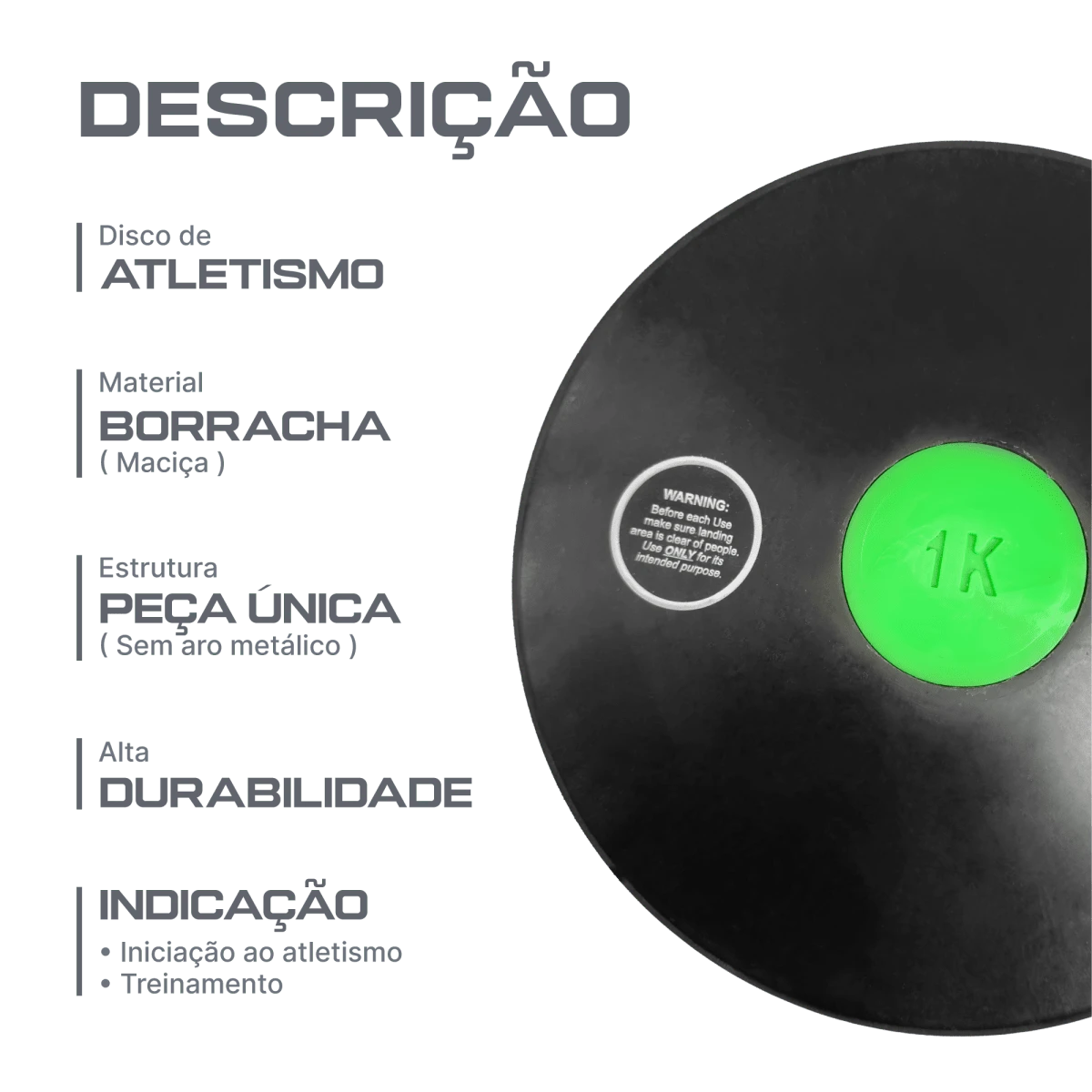 Disco de atletismo de borracha preto com centro colorido 1,00kg Pista e Campo