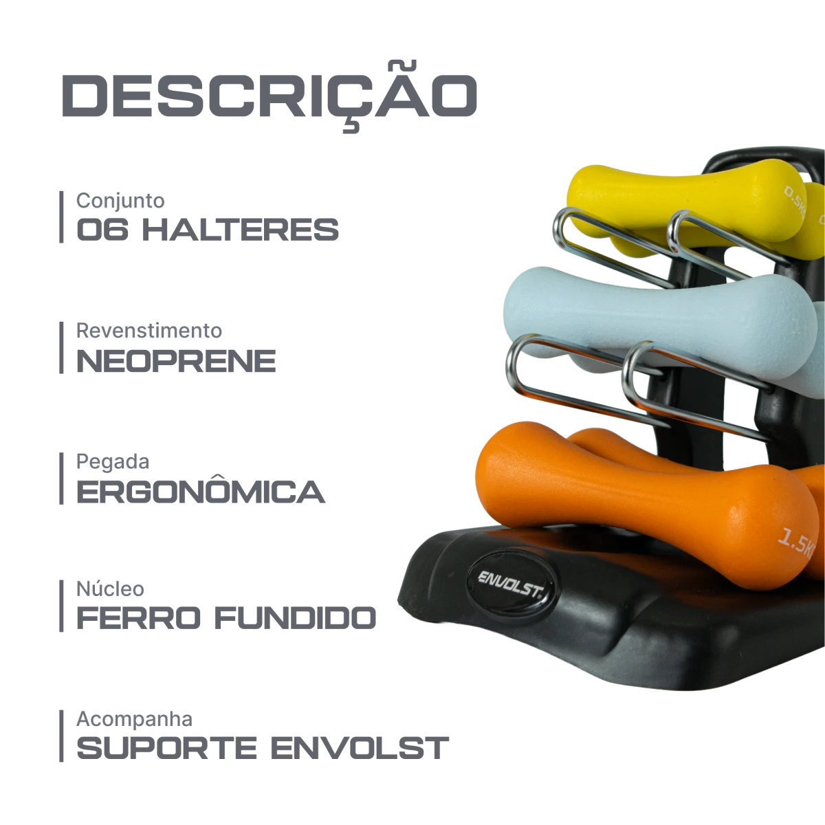 Conjunto 6 Halteres Neoprene 0,5 1 e 1,5kg e Suporte Envolst