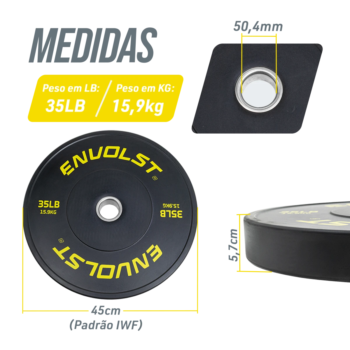 Anilha Olímpica Bumper para Crossfit e LPO 35Lb Envolst