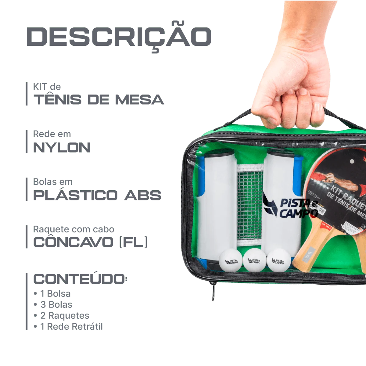 Kit ping pong tênis de mesa com raquetes, bolinha, bolsa e rede retrátil Pista e Campo