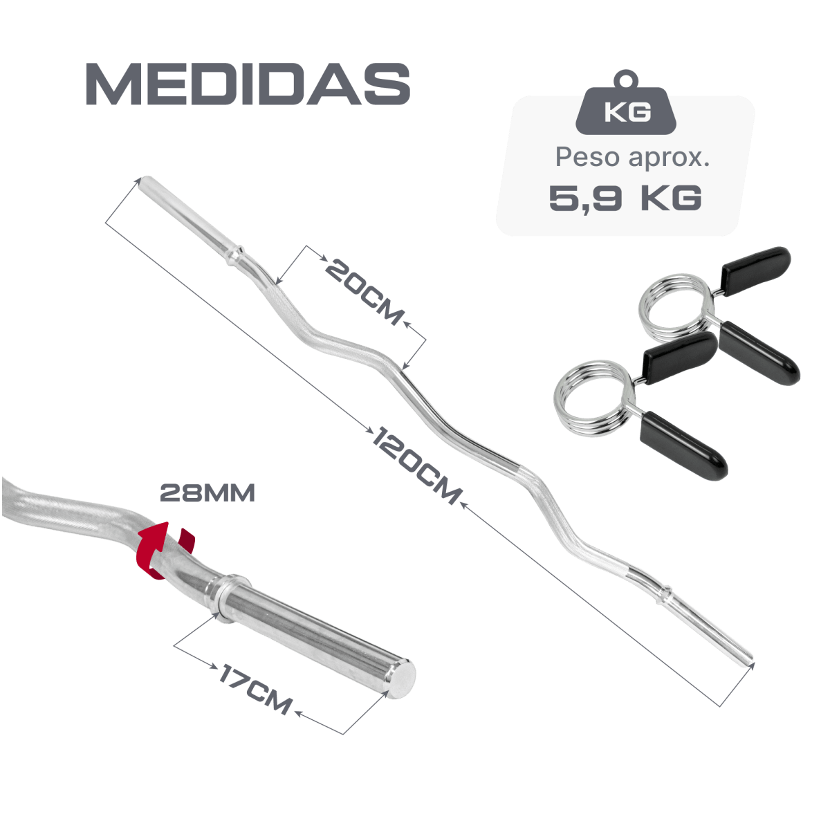 Barra de Musculação W 1,20m Maciça 28mm e Presilhas Envolst