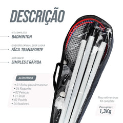 Kit de badminton com 04 raquetes de aço, 02 volantes, postes de aço e rede Loire