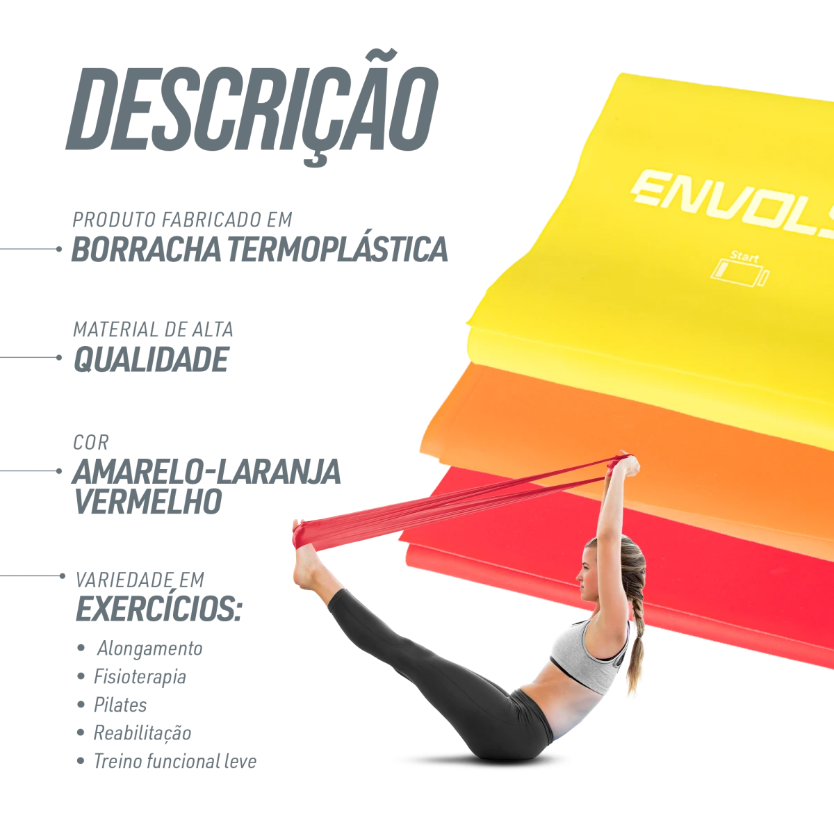 Faixa Elástica Band 1,50m Envolst - Kit com 3 intensidades
