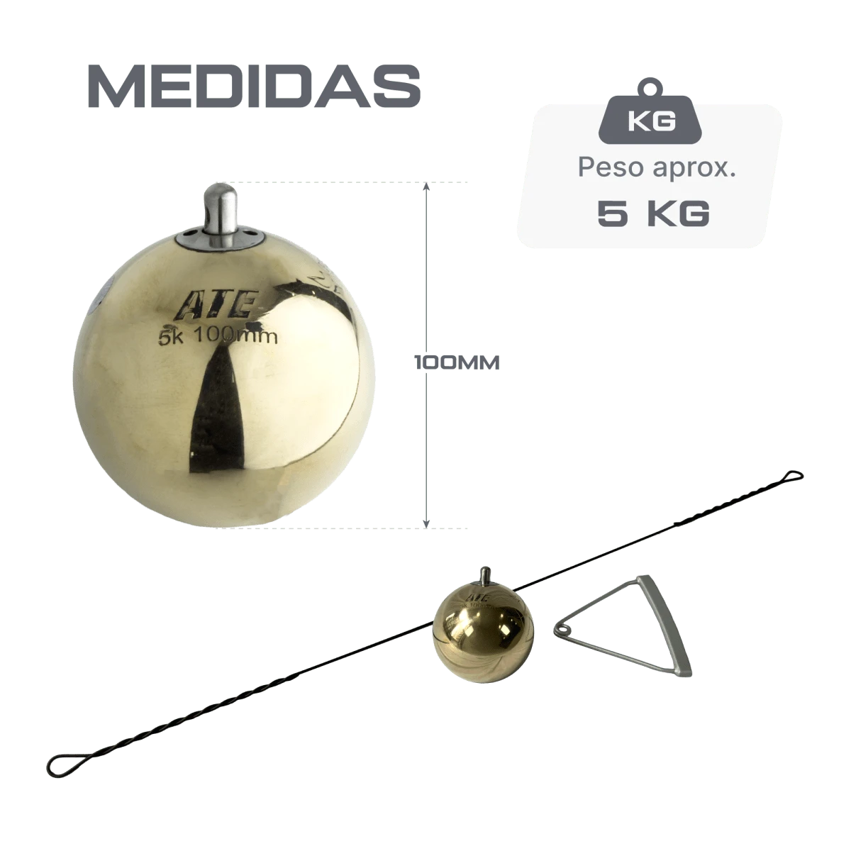 Martelo de bronze 5kg 100mm avançado ATE Anand Certificado WA-IAAF - com cabo e empunhadura