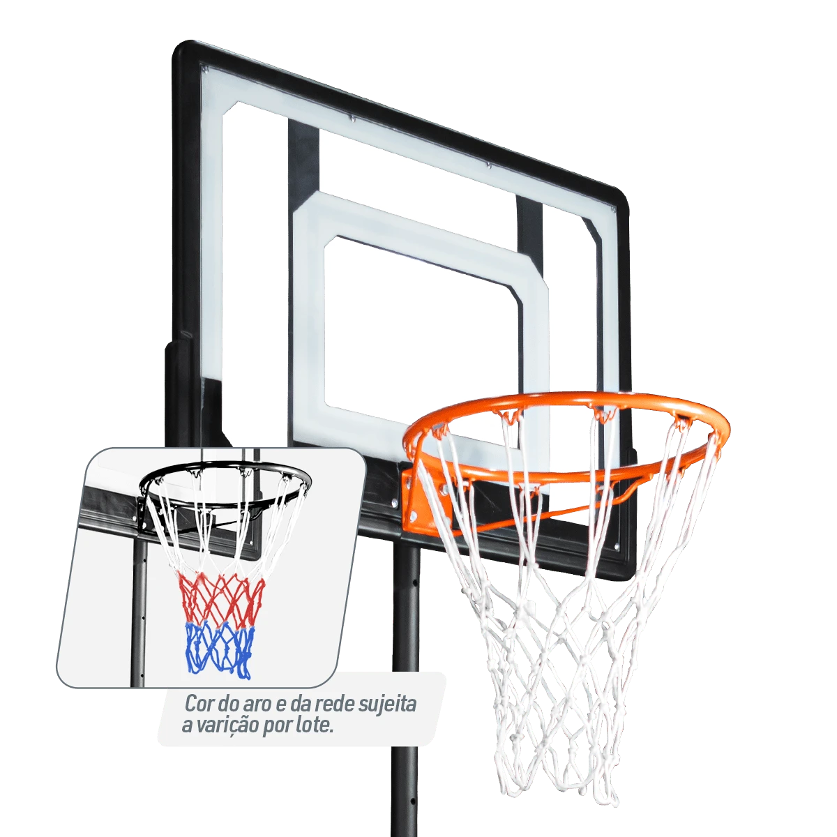 Tabela de basquete infantil juvenil móvel com poste, quadro de policarbonato e aro Velden