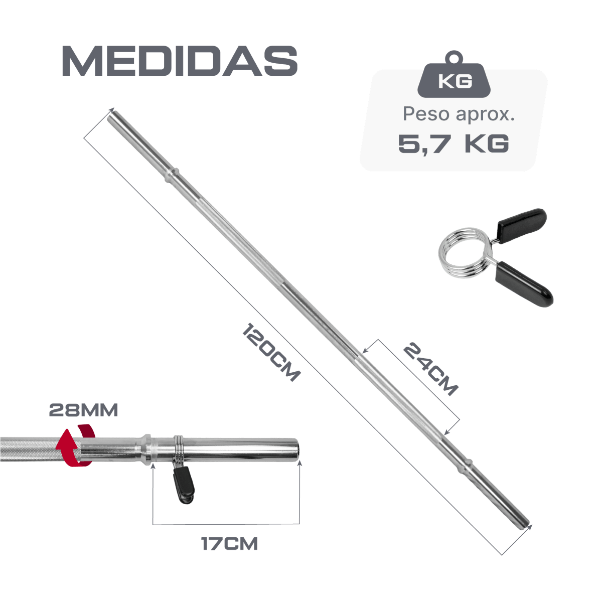 Barra de Musculação Reta 1,20m Maciça 28mm e Presilhas Envolst
