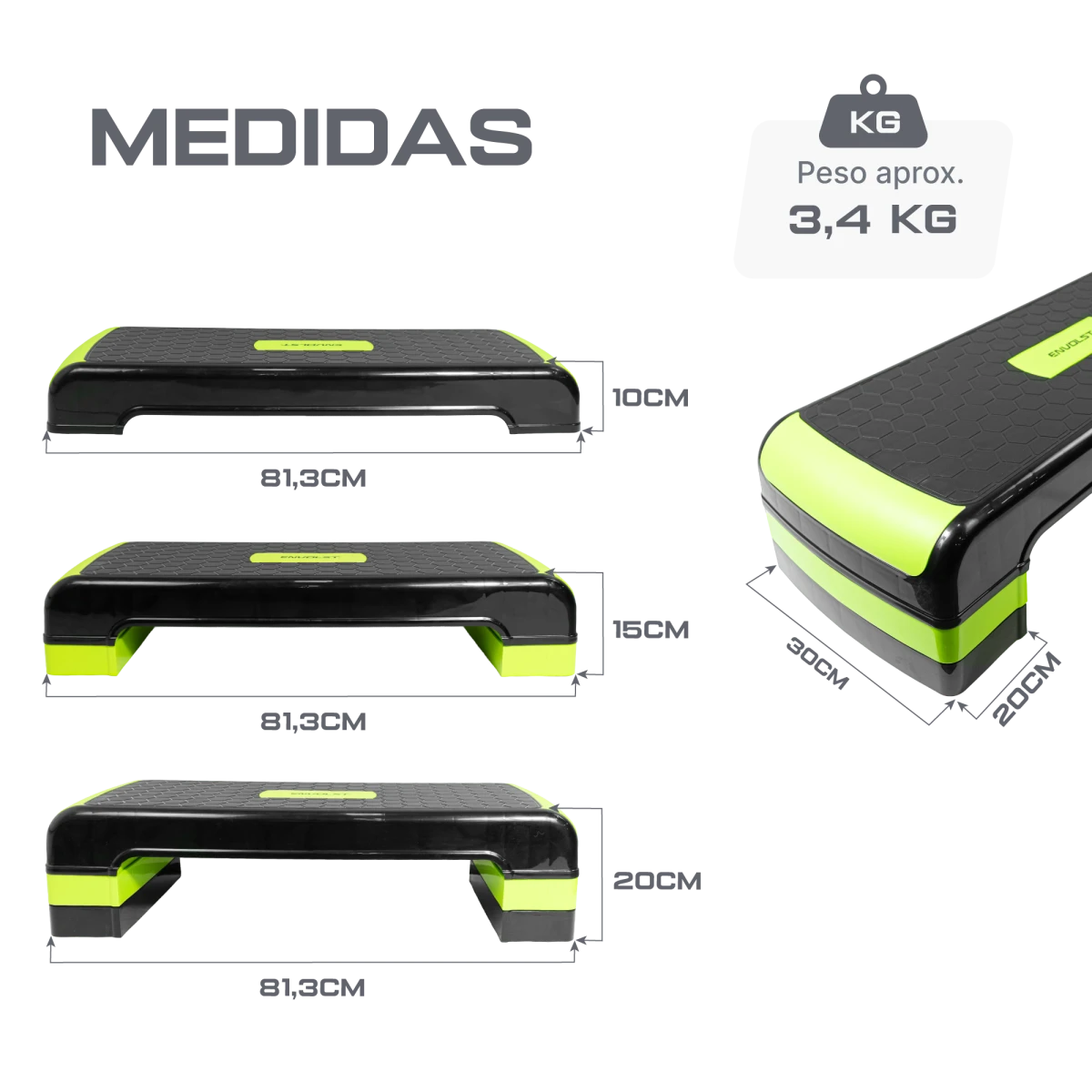 Step Aeróbico Fitness Ajustável 3 Alturas 10 15 20cm Envolst