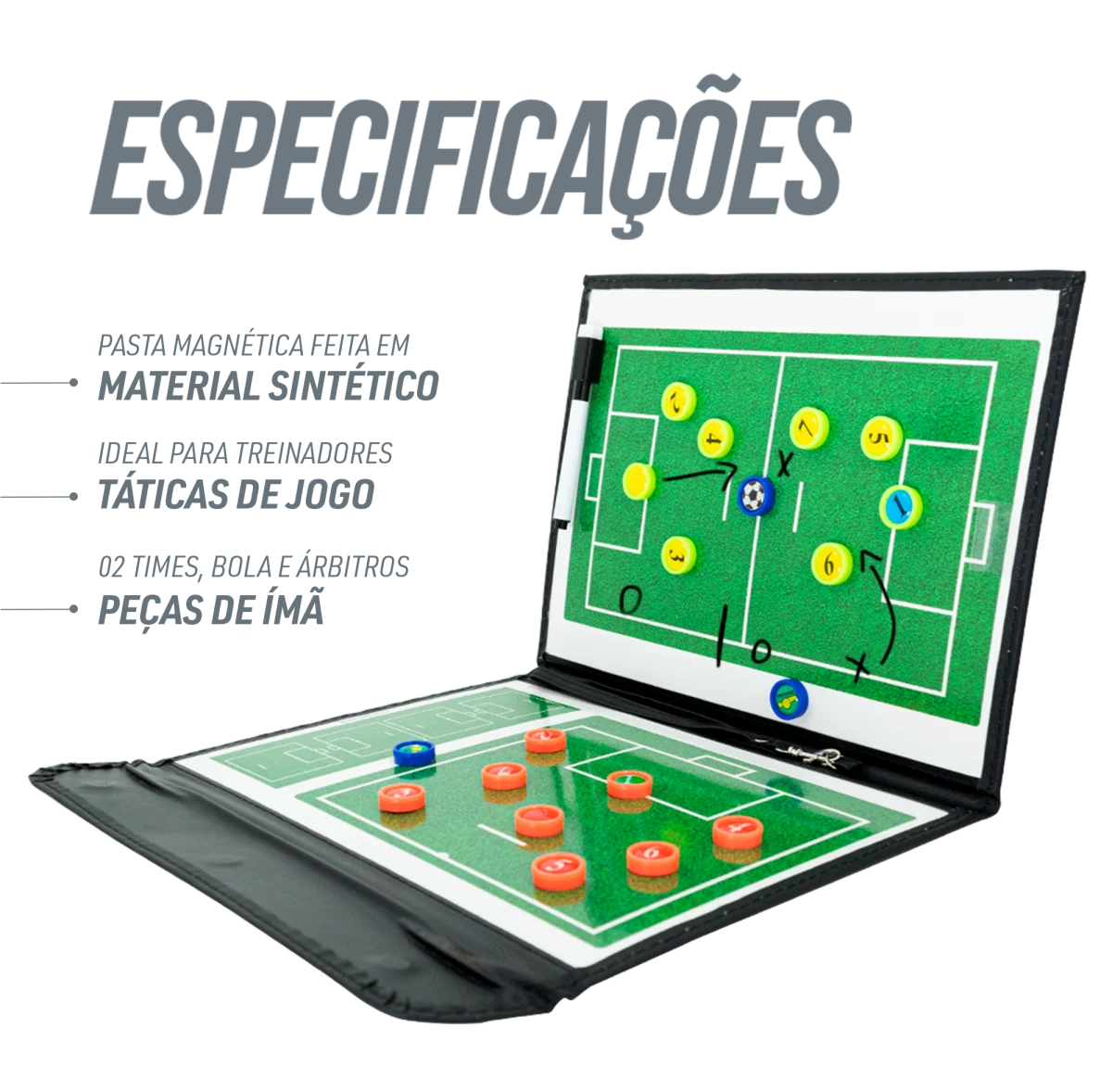 Prancheta tática magnética com caneta para treinamento de futebol society Pista e Campo - Modelo pasta preta