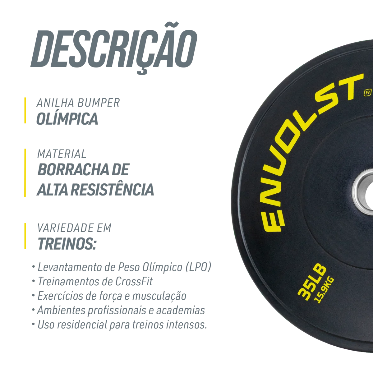 Anilha Olímpica Bumper para Crossfit e LPO 35Lb Envolst