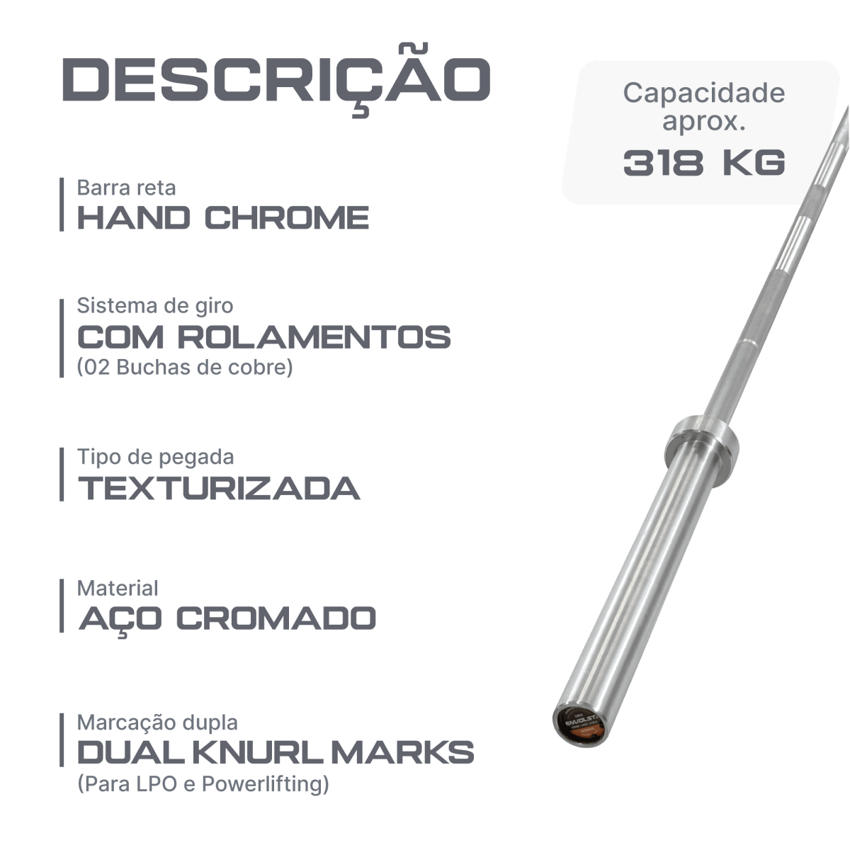 Barra Reta 2,20m Olimpica Hard Cromo Profissional Envolst