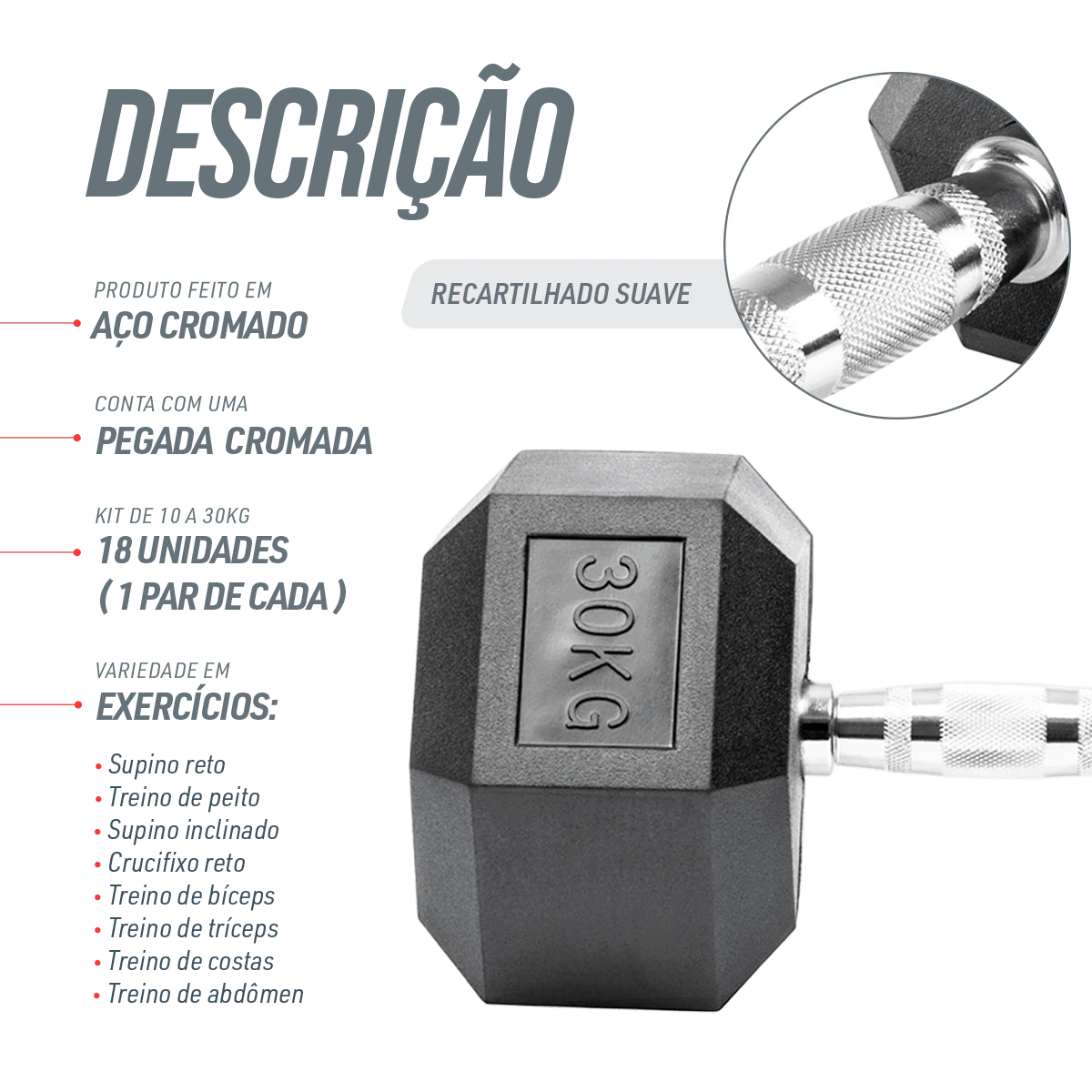 Kit Halteres Sextavados Emborrachados Pegada Cromada Envolst - Pares 10 a 30Kg
