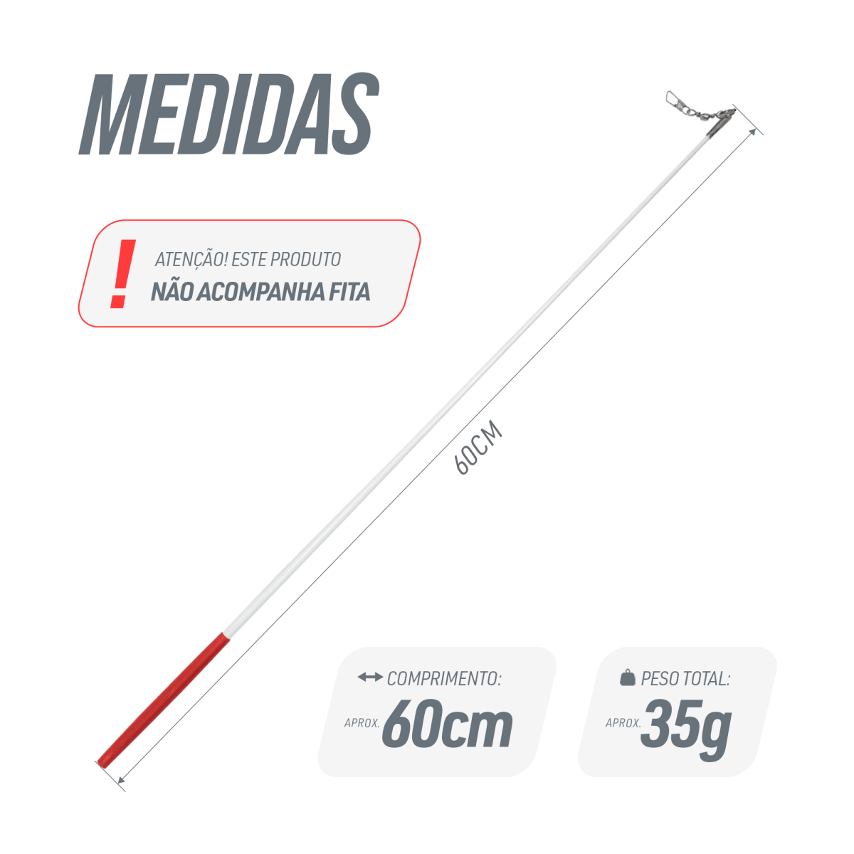 Estilete Ginástica Rítmica Fibra Vidro 60cm Branco Gracios - Empunhadura Preta