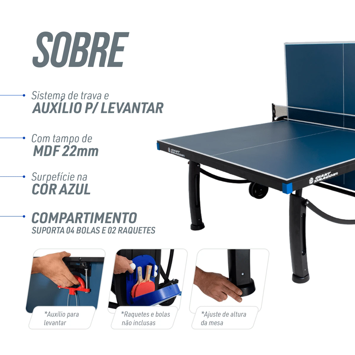 Mesa de tenis de mesa de aco e madeira azul rede e porta itens P8022