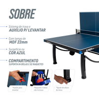 Mesa de tenis de mesa de aco e madeira azul rede e porta itens P8022