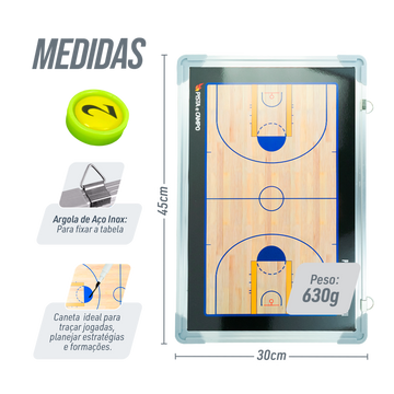 Quadro tático magnético de alumínio com acessórios 45x30 Pista e Campo - Basquete