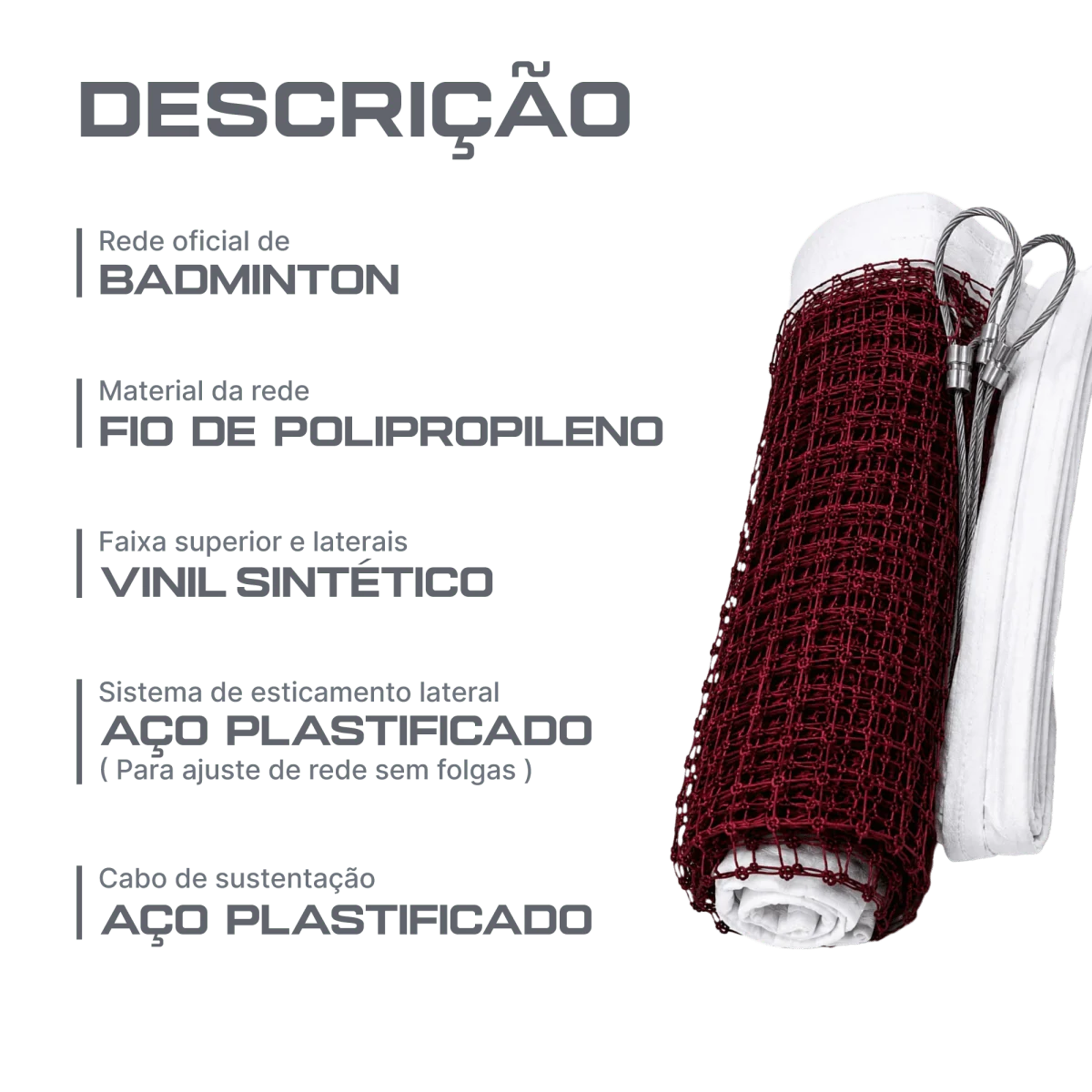 Rede oficial de badminton dimensões 6,10m (L) x 0,76m (A) PP premium Loire - com cabo de aço plastificado