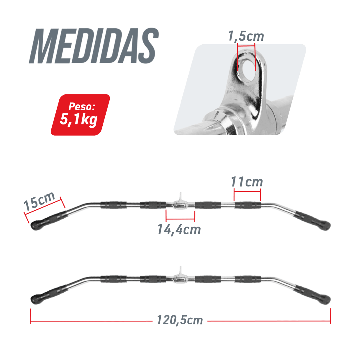 Puxador Pulley Costas 1,20m Maciço com Pegadas e Giro Envolst