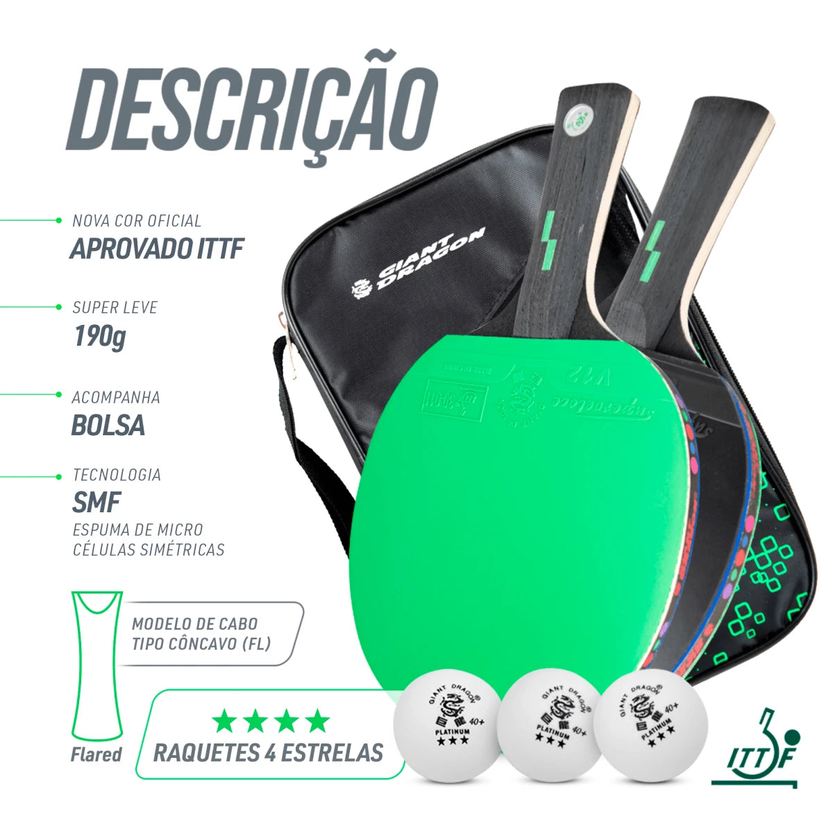 Kit 2 Raquetes de Tênis de Mesa com Bolsa e 3 Bolas Giant Dragon