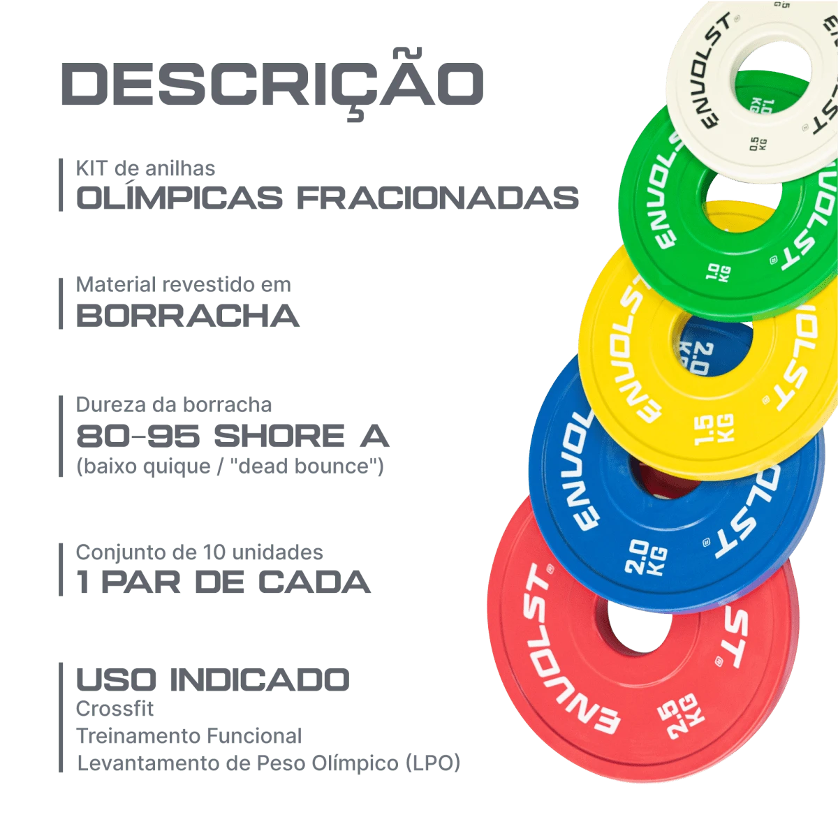 KIT Anilhas Olímpicas Fracionadas em Borracha Competição Envolst - 15Kg