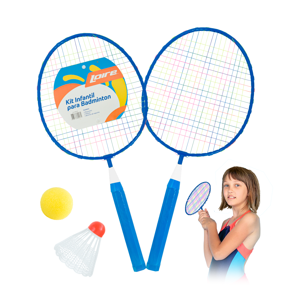 Kit de Badminton Infantil com 2 Raquetes, 1 Peteca e 1 Bola de Espuma Loire						