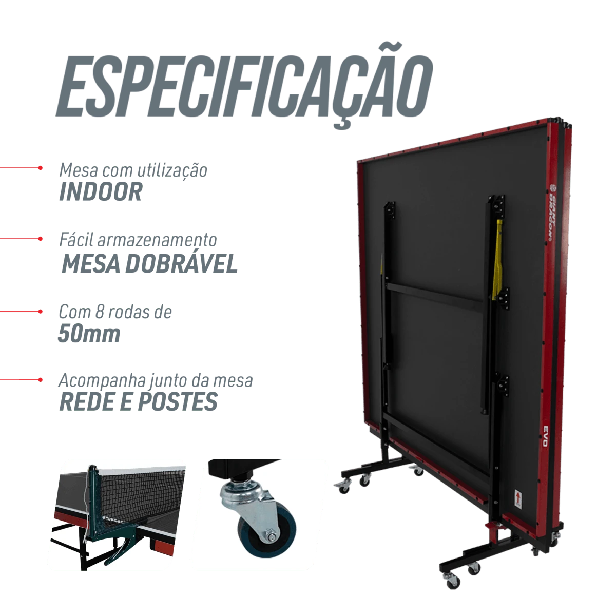 Mesa de tenis de mesa de aco e madeira preto com rede 6202-18MM