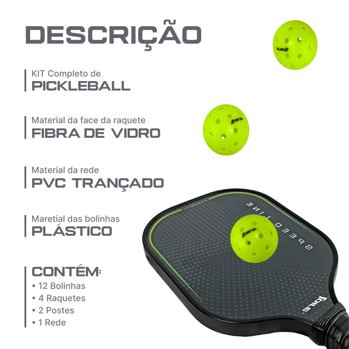 Kit completo de pickleball com rede portátil, 4 raquetes e 12 bolas Loire