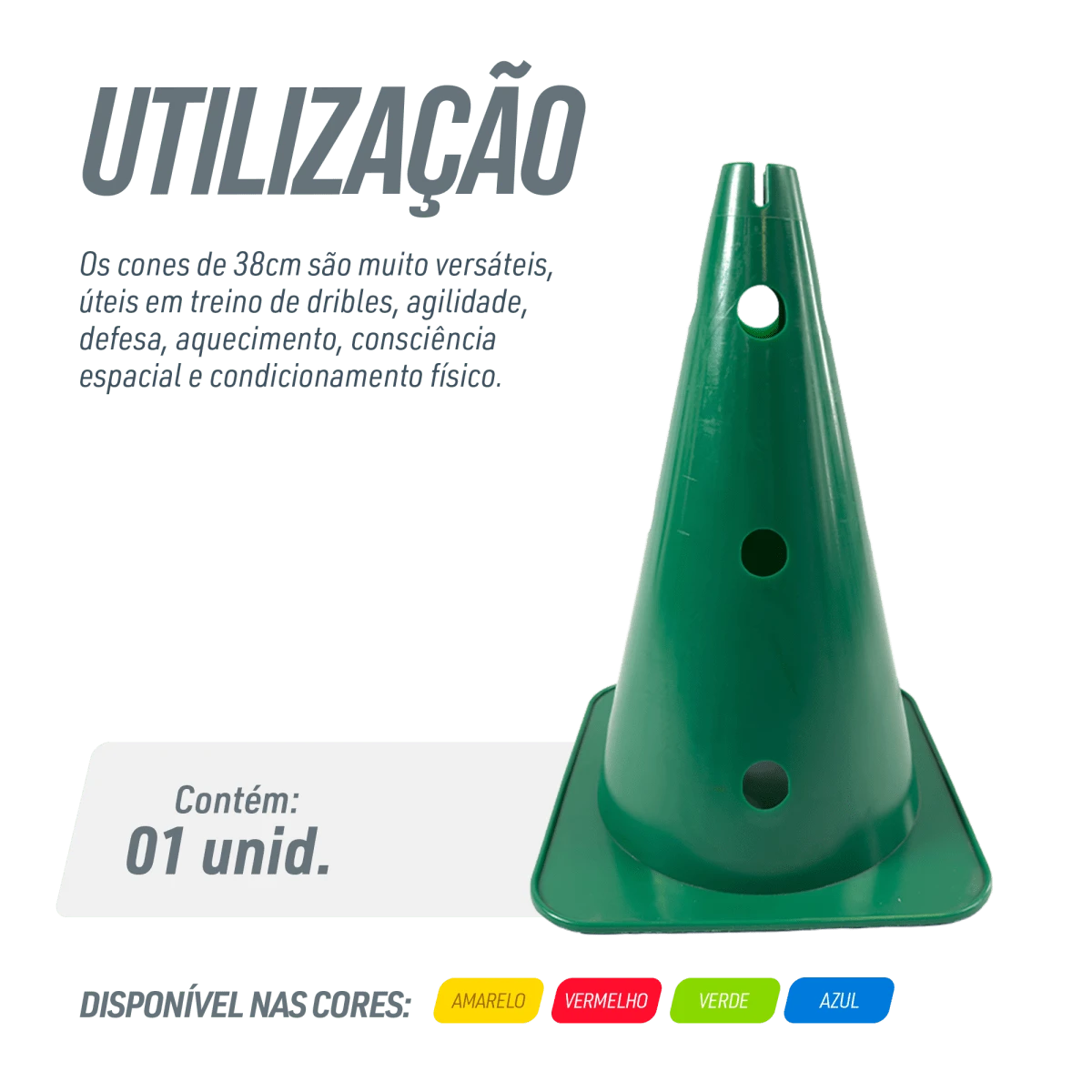 Cone de sinalização 38cm de plástico com furos premium reforçado Pista e Campo - Amarelo