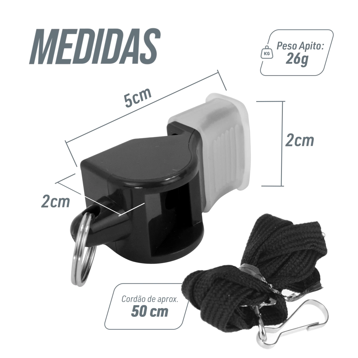 Apito de plástico tipo Fox com cordão Velden - Preto