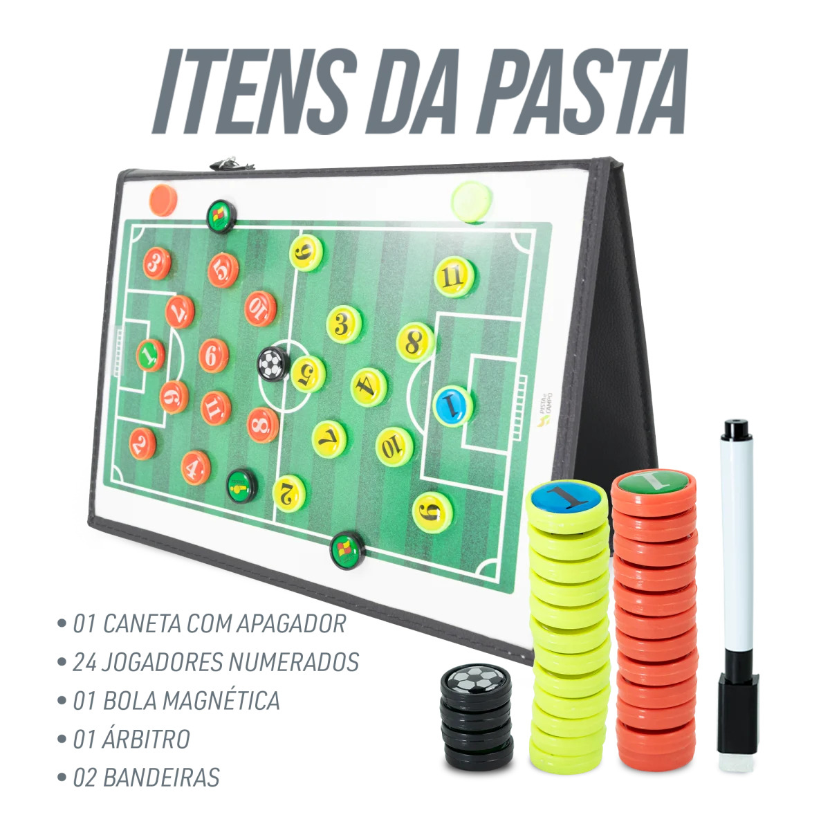 Prancheta tática magnética com caneta para treinamento de futebol Pista e Campo - Modelo pasta preta
