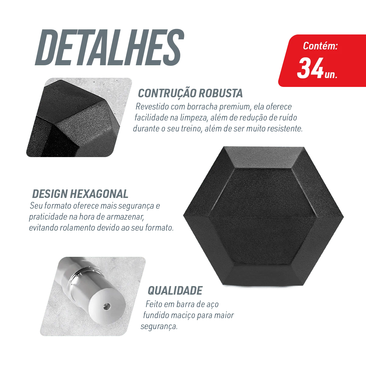 Kit Halteres Sextavados Emborrachados Pegada Cromada Envolst - Pares 10 a 50Kg