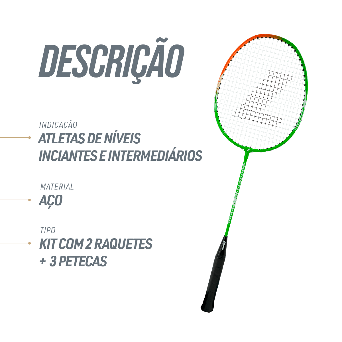 Kit Badminton 2 Raquetes de Aço e 3 Volantes de Nylon Loire - Laranja e Verde