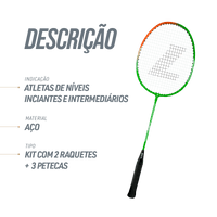 Kit Badminton 2 Raquetes de Aço e 3 Volantes de Nylon Loire - Laranja e Verde