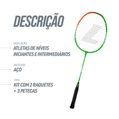Kit Badminton 2 Raquetes de Aço e 3 Volantes de Nylon Loire - Laranja e Verde