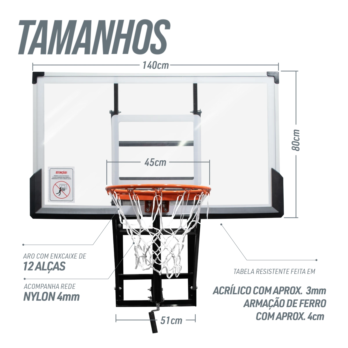 Tabela de basquete adulto de parede modelo Fly ajustável Velden