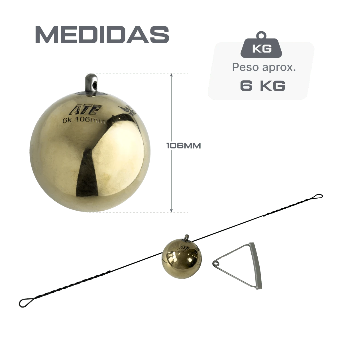 Martelo de bronze 6kg 106mm avançado ATE Anand Certificado WA-IAAF - com cabo e empunhadura