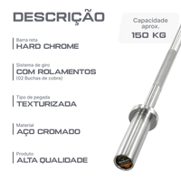 Barra Reta 1,20m Olimpica Hard Cromo Profissional Envolst